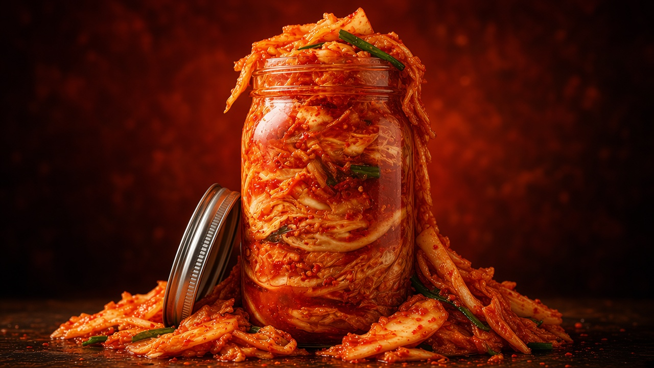 A jar of kimchi overflowing with chili, napa cabbage, and scallions